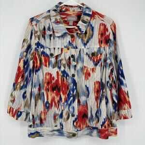 Chicos Jacket LARGE Multicolor Ikat Print Button Front Linen Blend Boho 22x24